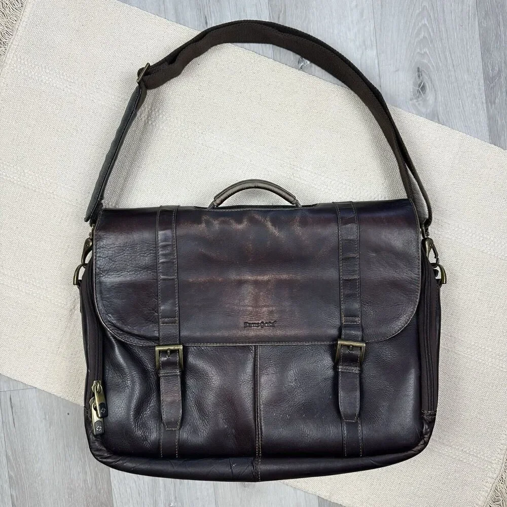 Samsonite Leather Briefcase Laptop Messenger Bag Dark Brown Shoulder Strap